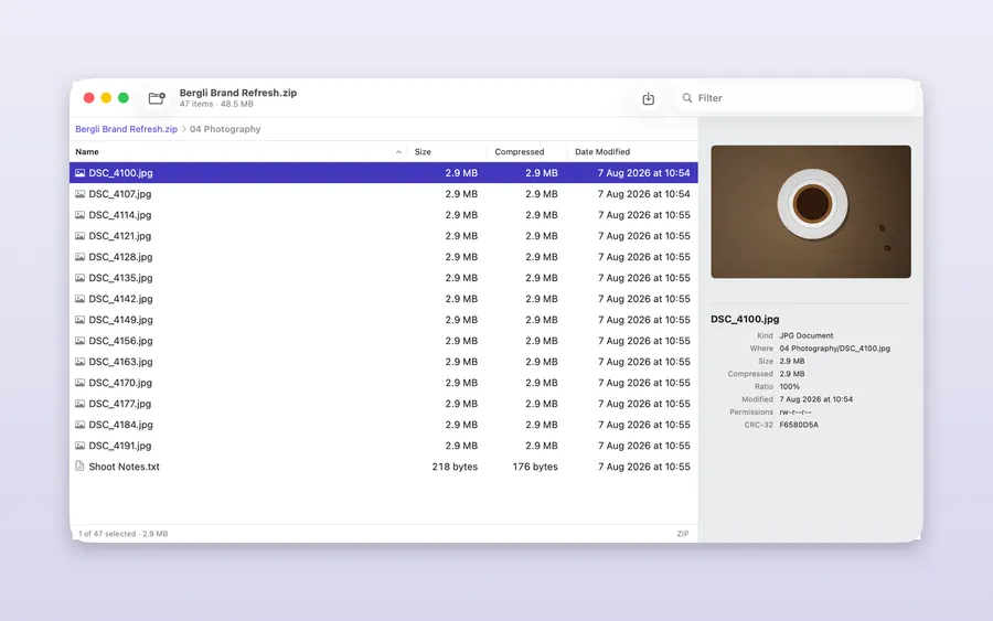 Kutio window showing a zip archive opened like a folder: a file list with size, compressed size and date columns, and a preview and inspector panel on the right.