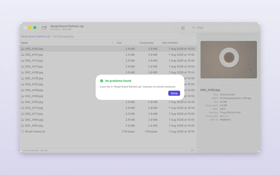 Kutio integrity check dialog reading “No problems found”, saying every file matches its stored checksum.