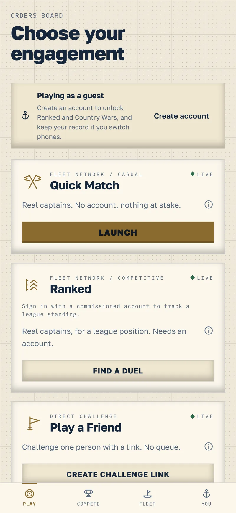 Nauvo home screen titled “Choose your engagement”, with cards for Quick Match, Ranked and Play a Friend on a chart-paper background.