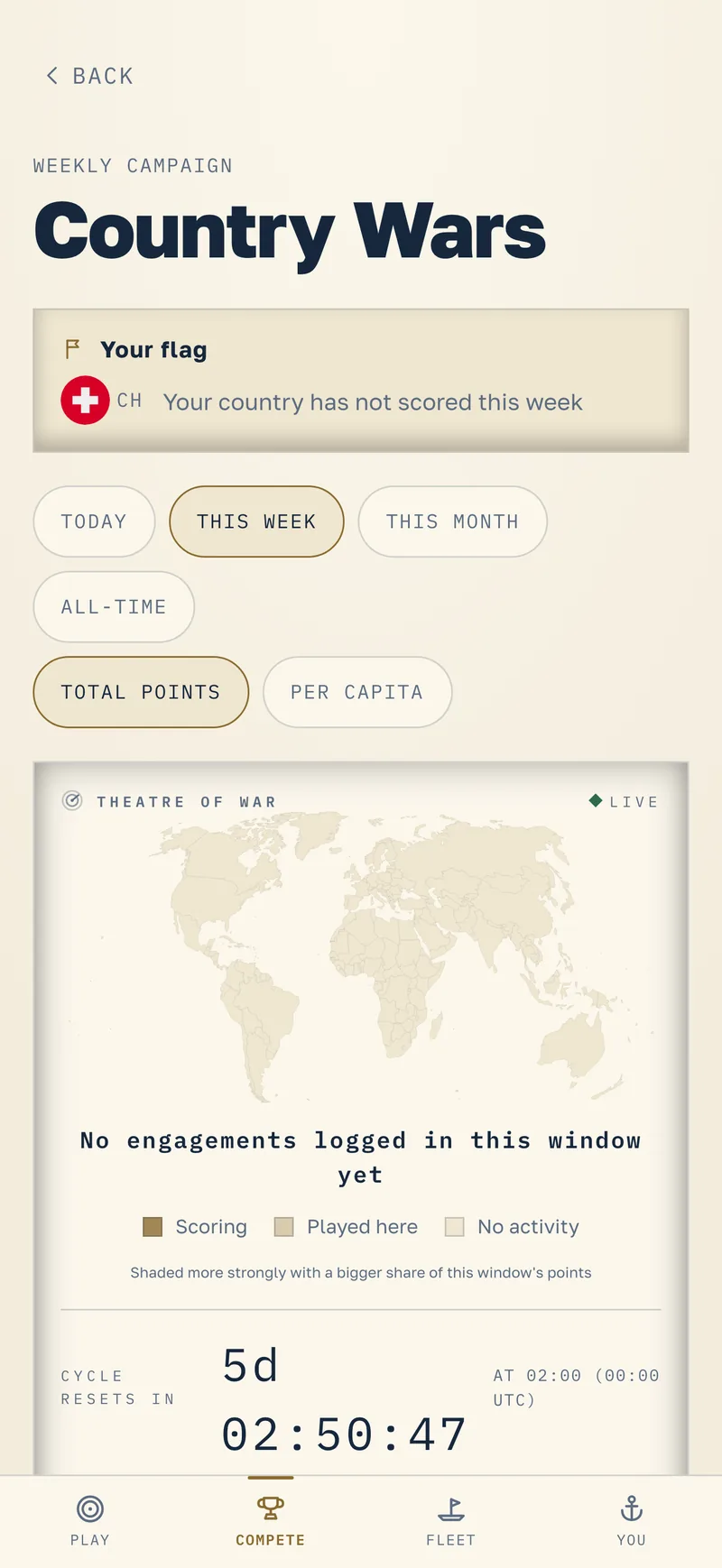 Nauvo Country Wars screen with a world map, period filters and a countdown to the weekly reset.