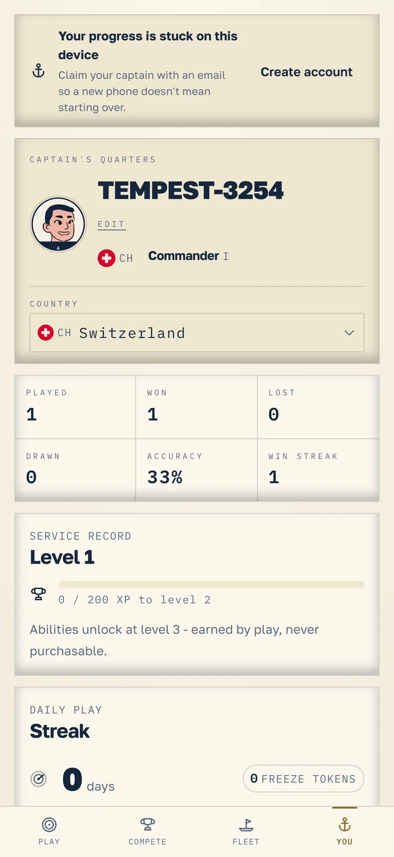 Nauvo captain profile showing a cartoon avatar, country, match record, level progress and daily streak.
